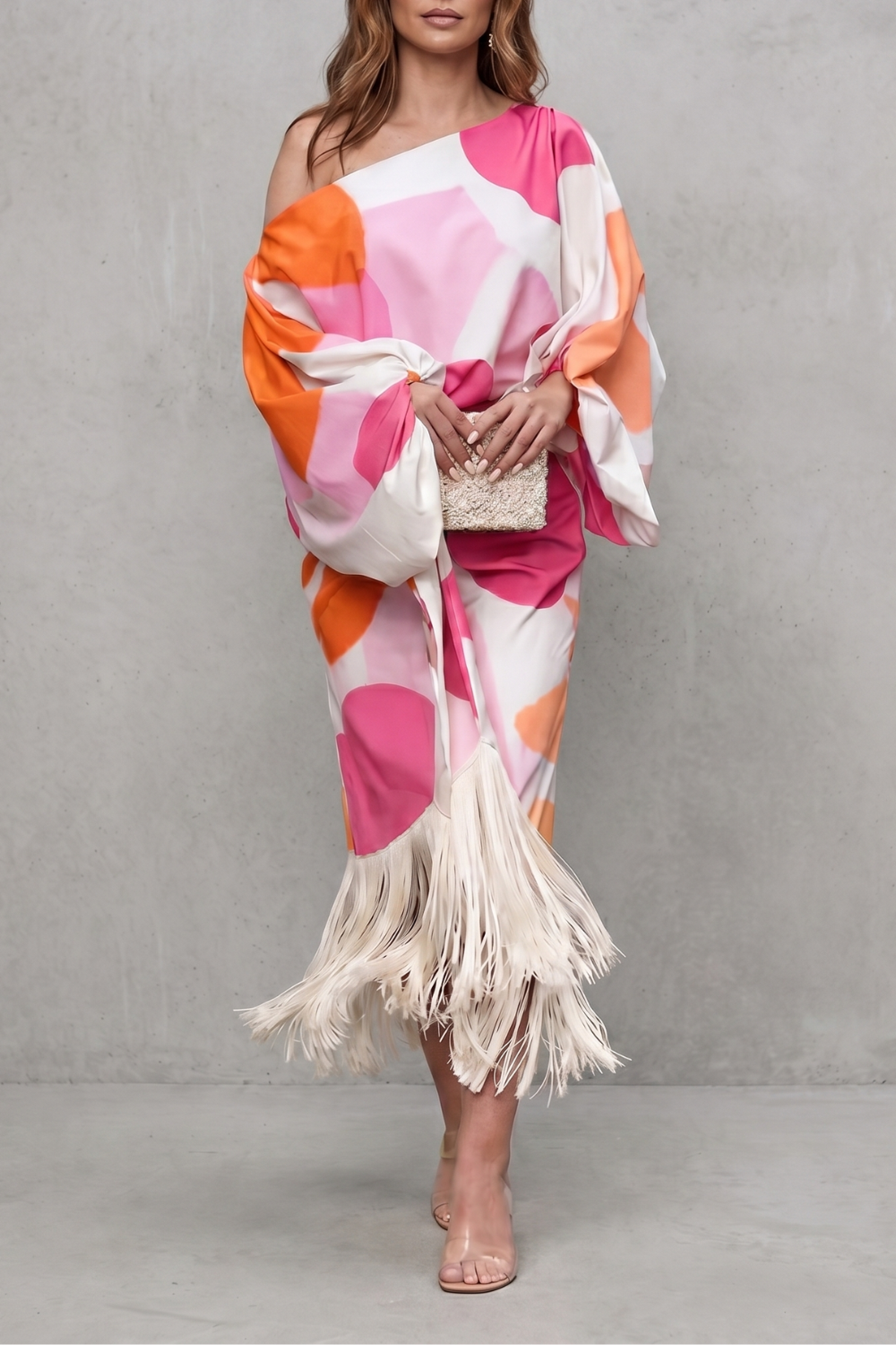 Multicolor colorway of the off-shoulder fringe two-piece set, full-length view