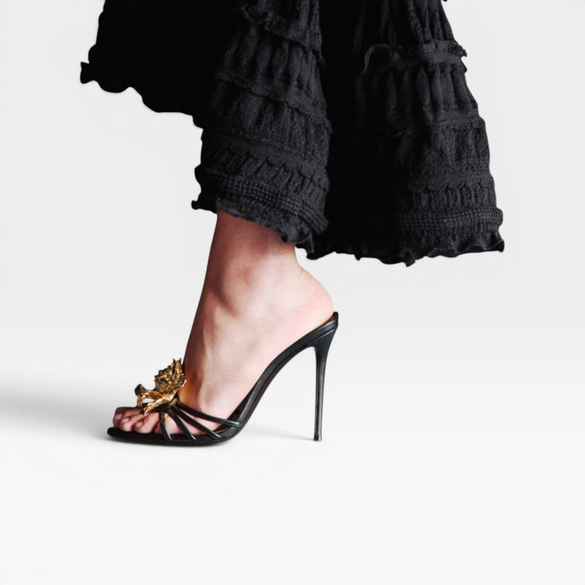 Women's Gold Flower Sculpted Stiletto Mules – Evening Heels | Elvington