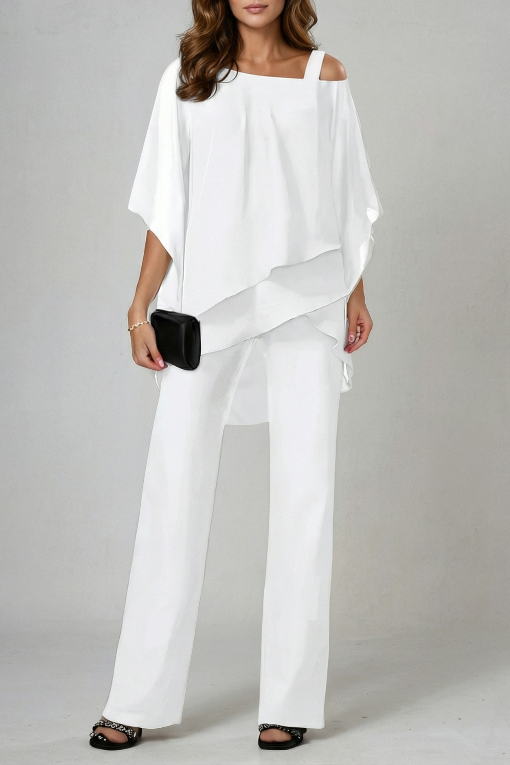 Women's off-shoulder chiffon top and wide-leg pants set, front view