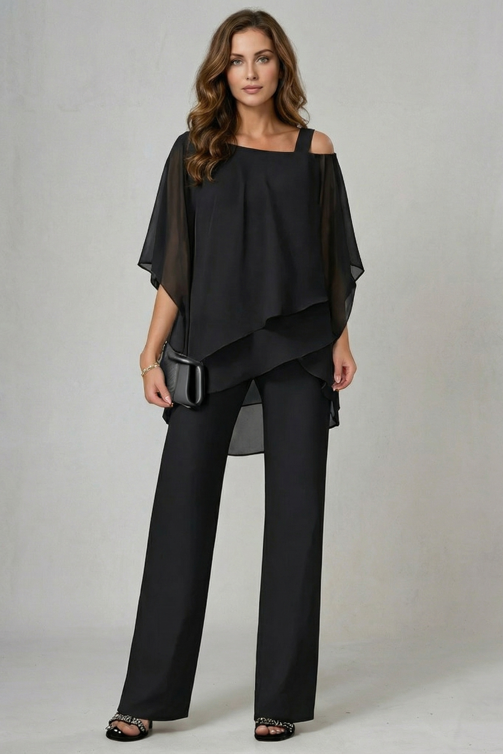 White colorway of the chiffon top and wide-leg pants set, full-length view