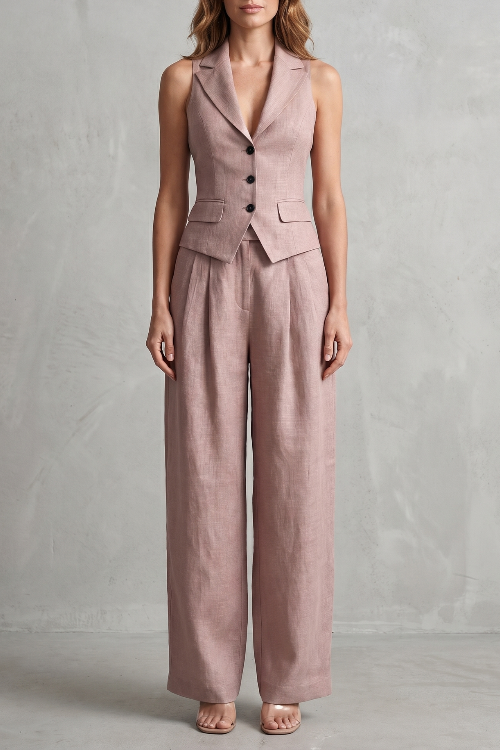 Women's button-front vest and wide-leg pants set, front view