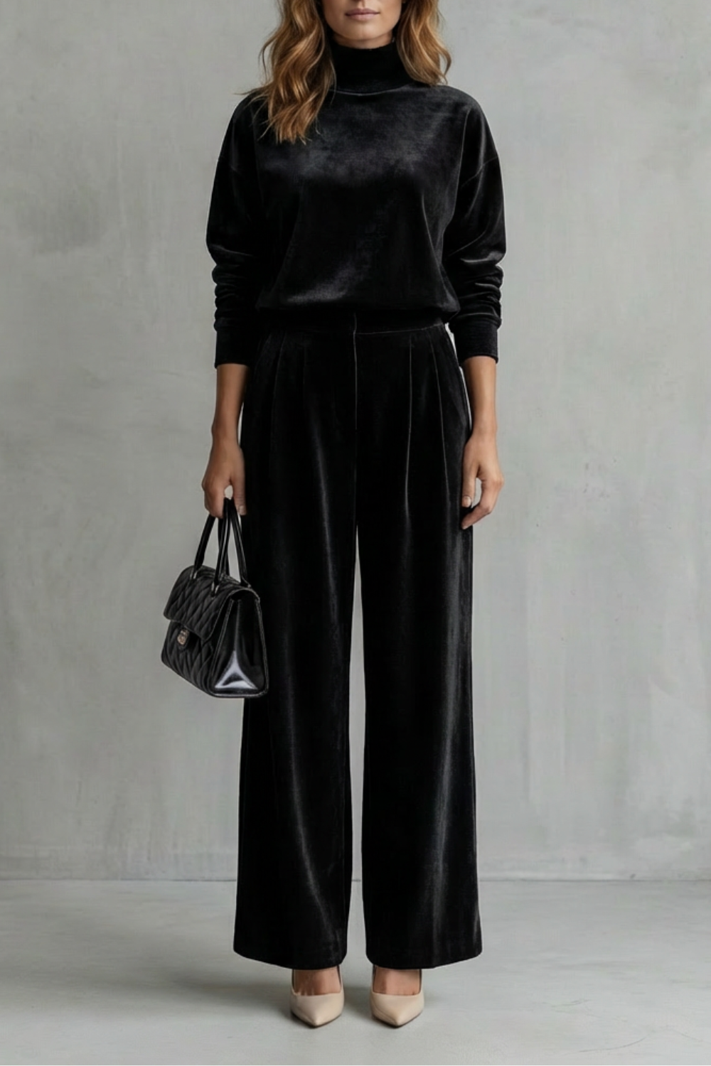 Relaxed drape of the velour two-piece lounge set