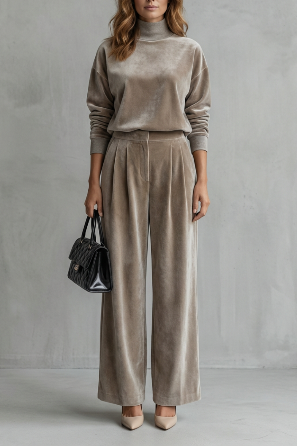 Women's high-neck velour top and wide-leg pants lounge set, front view