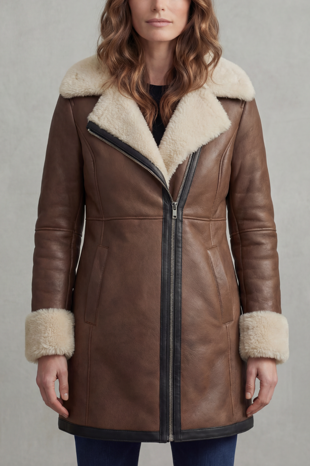 Women's Leather Winter Coat with Shearling Collar - Elisara