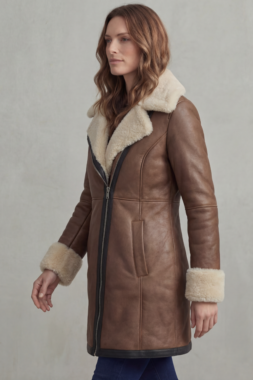 Women's Leather Winter Coat with Shearling Collar - Elisara