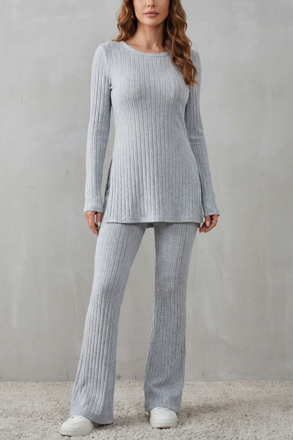 Women's ribbed longline tunic top and flared pants lounge set, front view