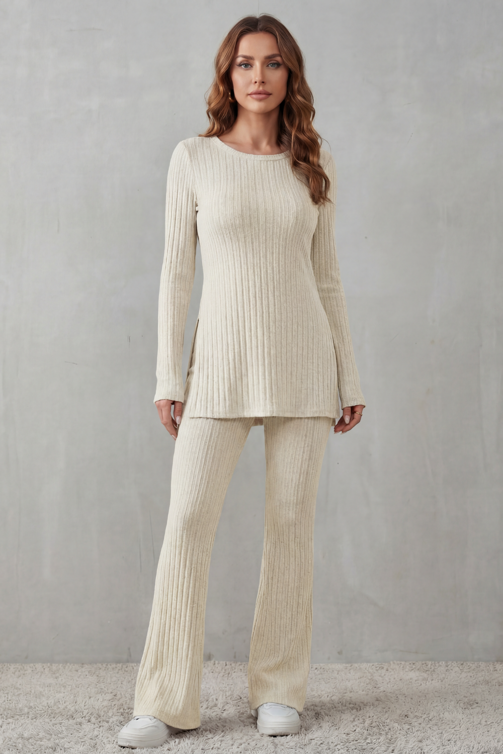 Elisianne ribbed set styled with chunky sneakers and a crossbody bag