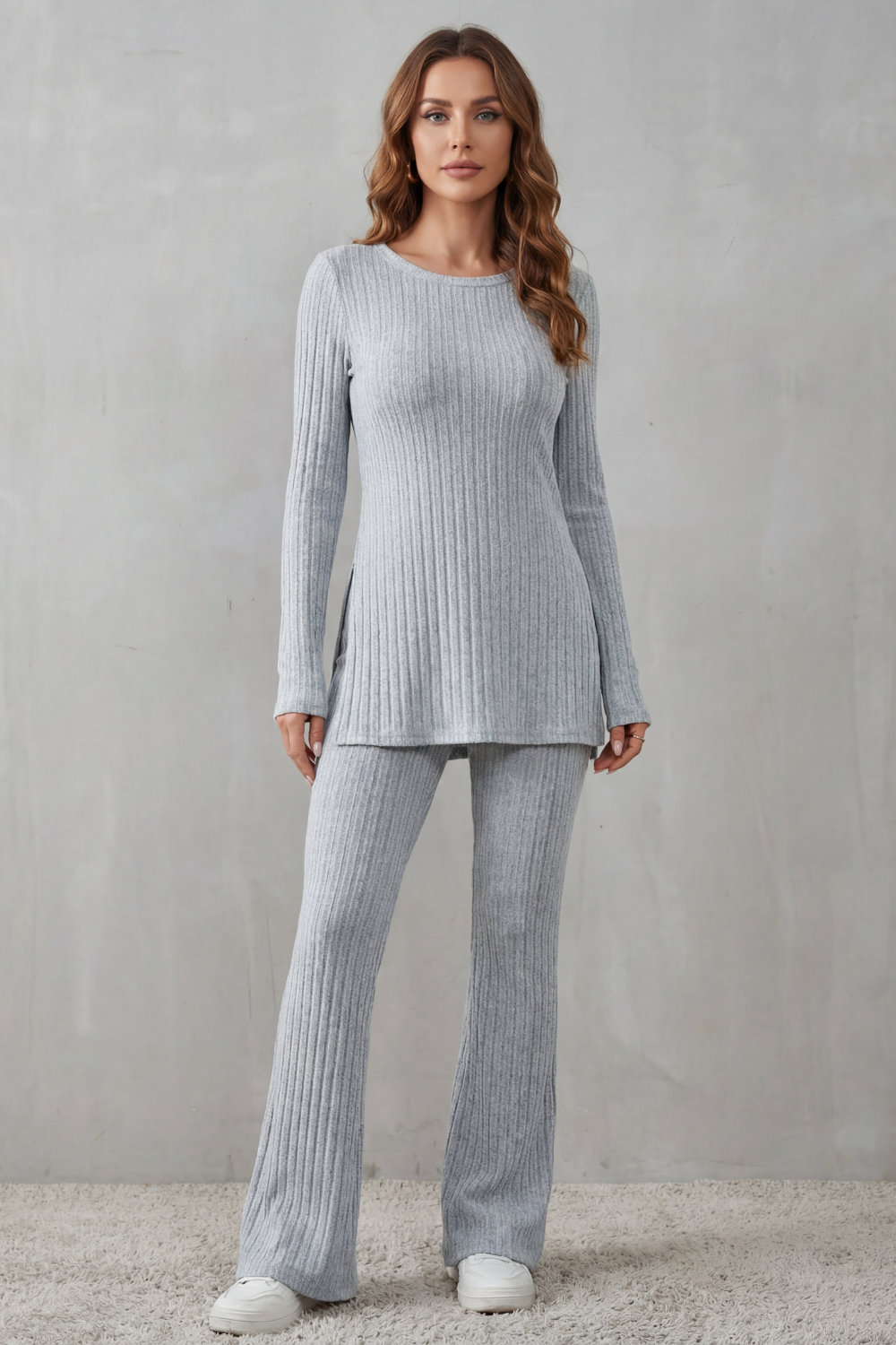 Side view of the Elisianne ribbed tunic and flared pants lounge set