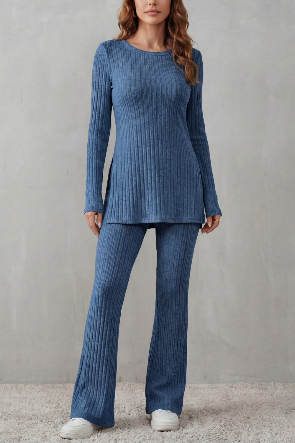 Black colorway of the ribbed longline tunic top and flared pants lounge set