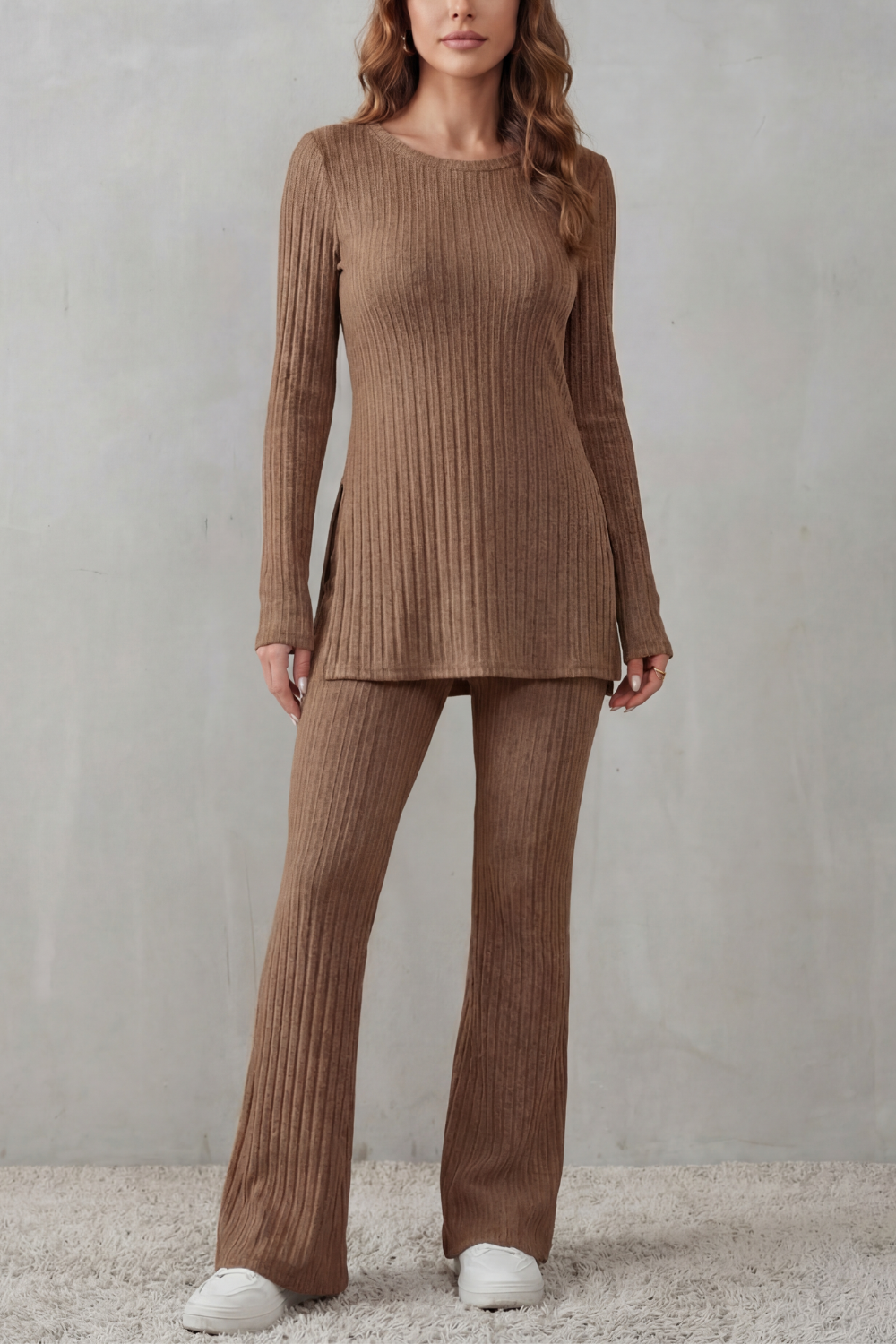 Camel colorway of the ribbed longline tunic top and flared pants lounge set