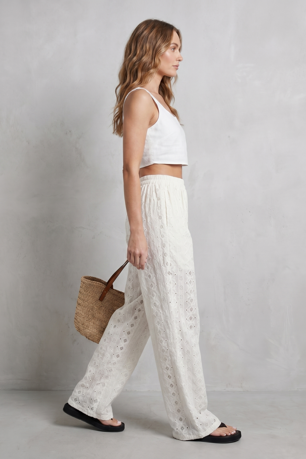 Women's Eyelet Wide Leg Pants in White - Orlandine
