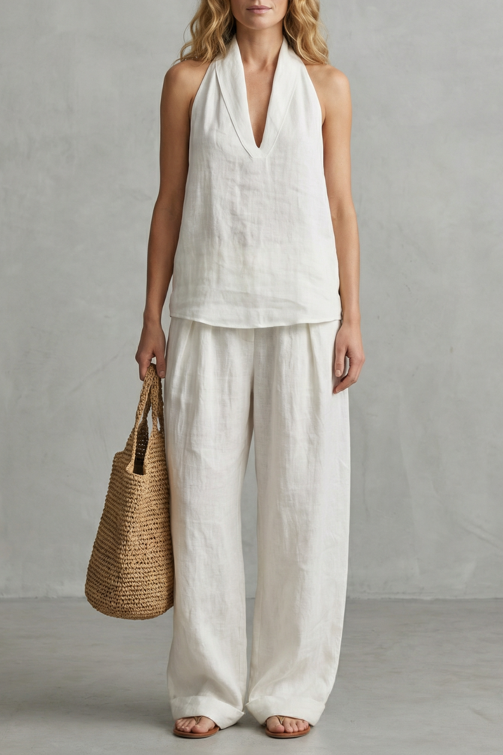 Women's sleeveless draped V-neck top and wide-leg pants set in white, front view