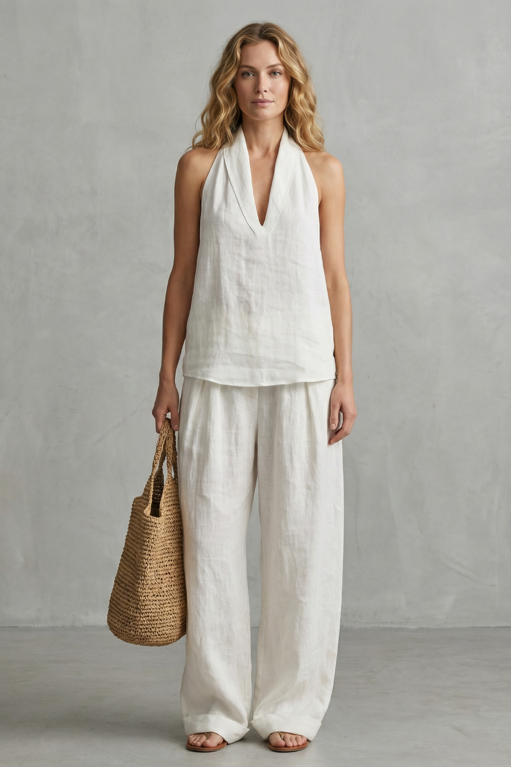 Side view of the Elvaria draped top and wide-leg pants two-piece set