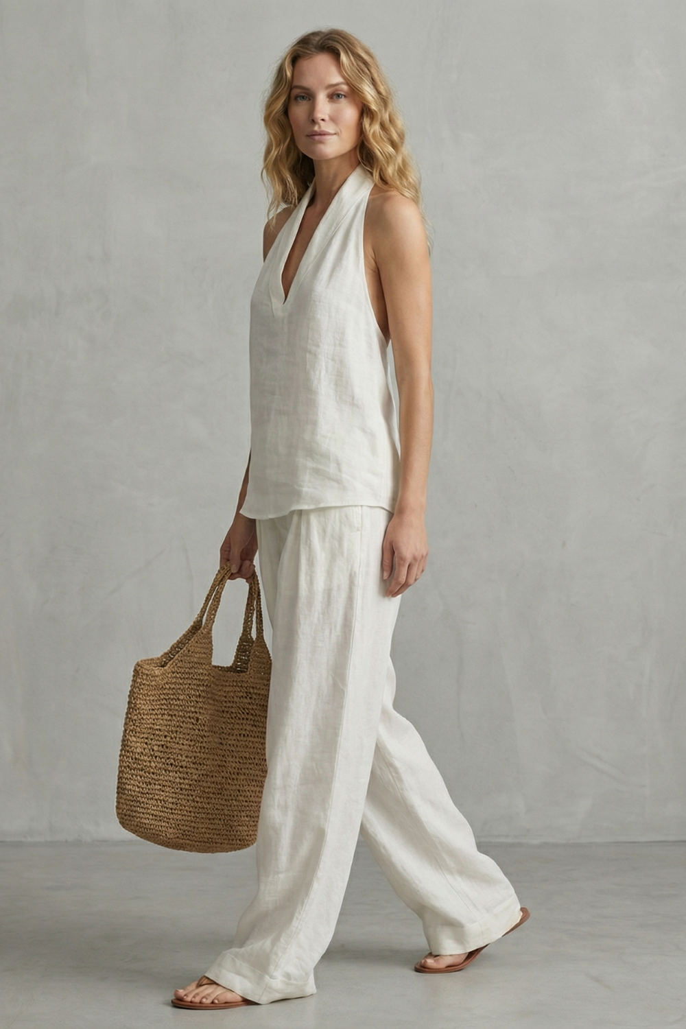 Back view of the sleeveless draped top and wide-leg pants set