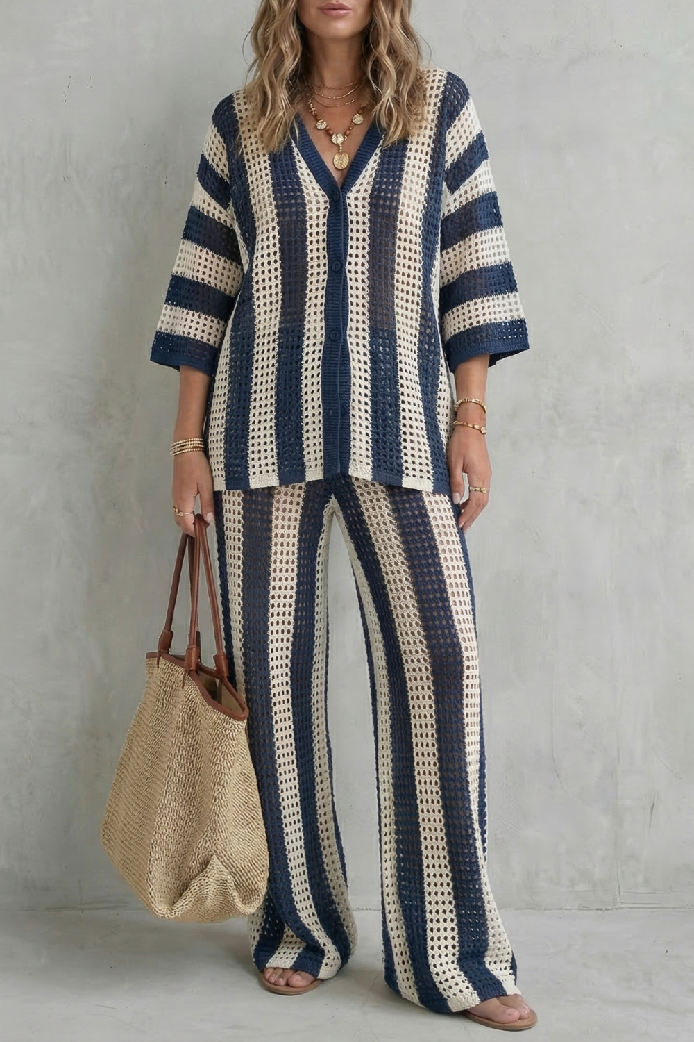 Rose Red colorway of the striped knit co-ord set, full-length view