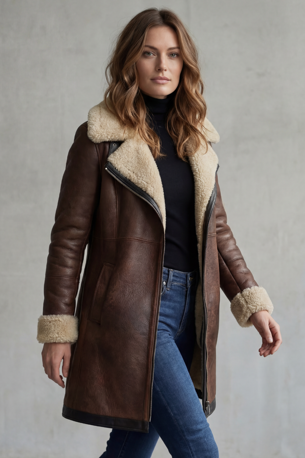 Women's Luxurious Shearling-Lined Leather Coat - Everlyn