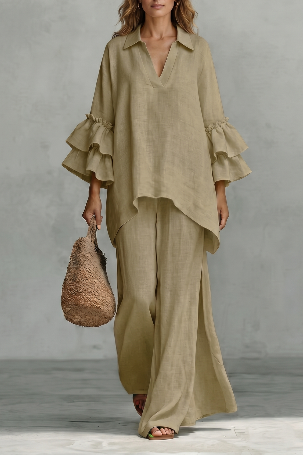 Light blue colorway of the ruffle-sleeve tunic top and wide-leg pants set