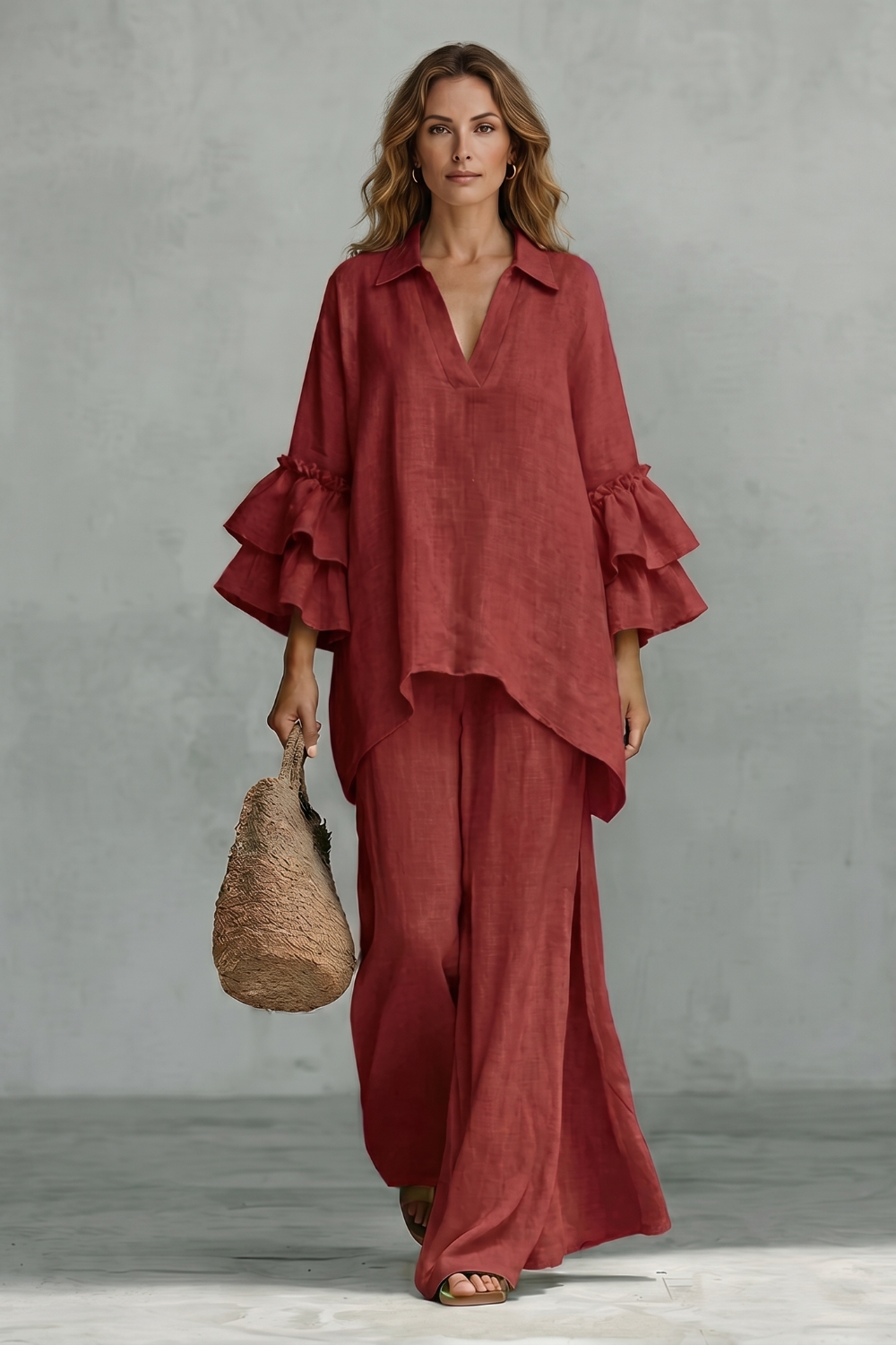 Full-length view of the Evienne two-piece tunic and wide-leg pants set