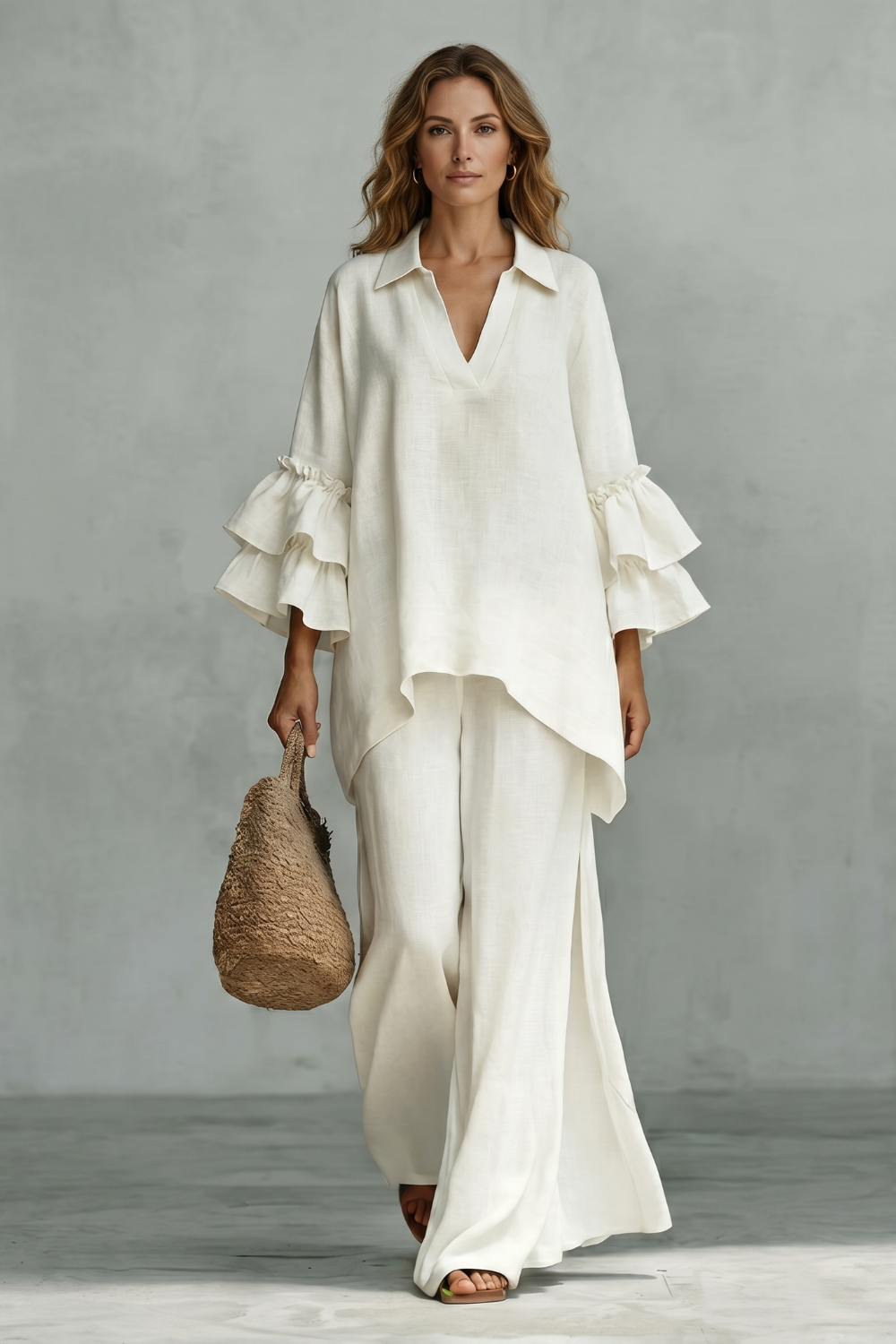 Side view of the Evienne ruffle-sleeve tunic top and wide-leg pants set