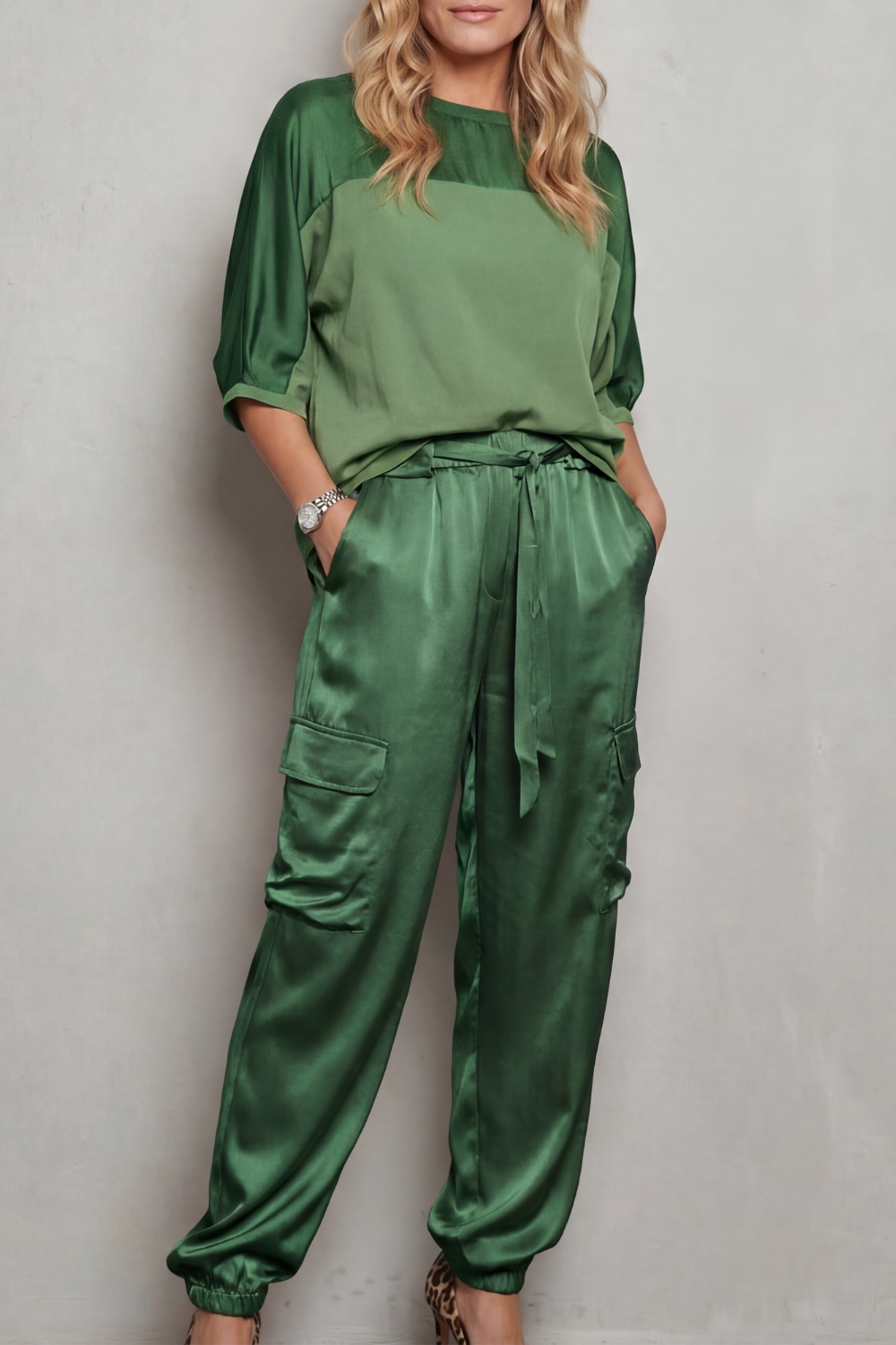 Lilac colorway of the short-sleeve satin lounge set, full-length view