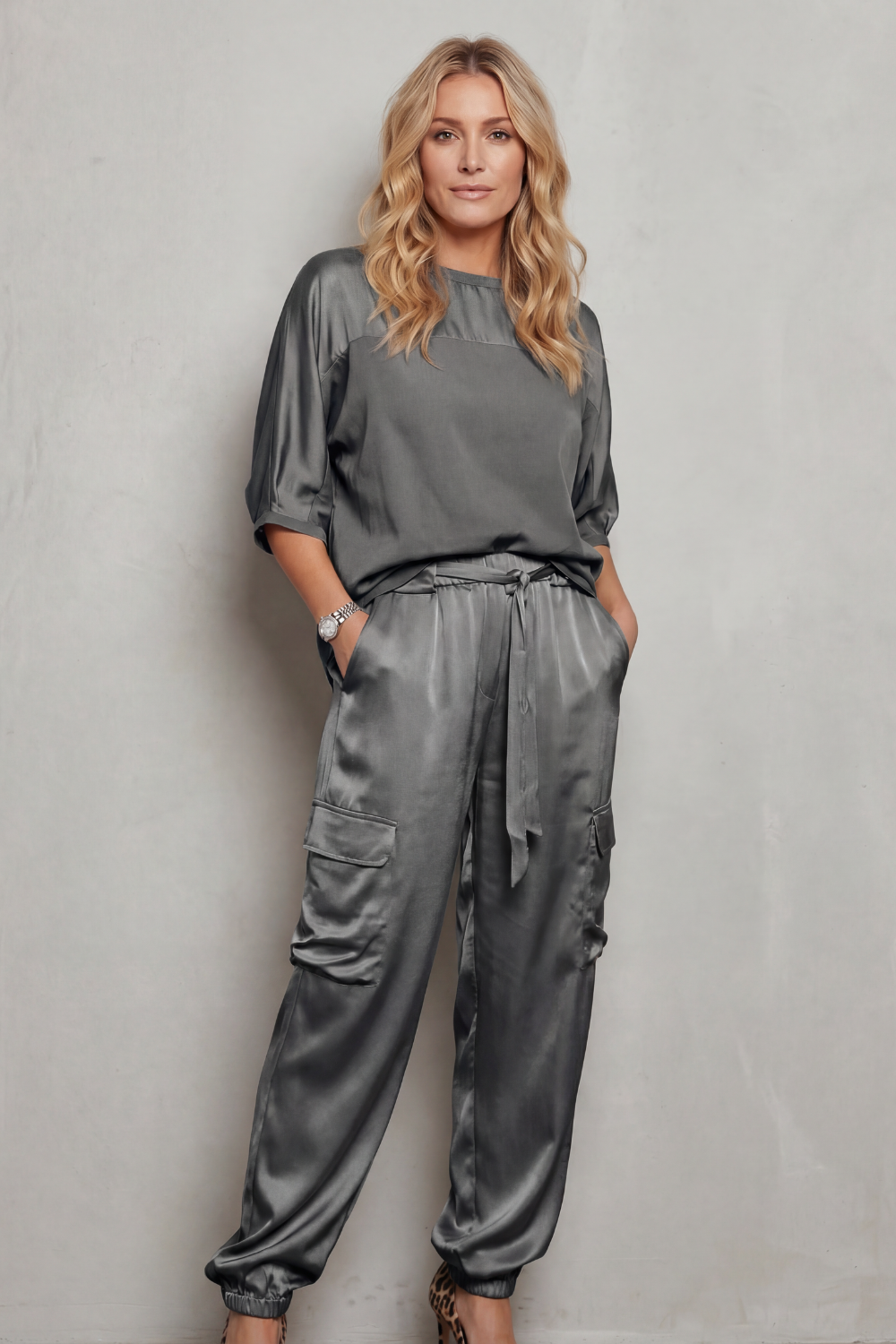 Size and fit reference image for the satin cargo pants lounge set