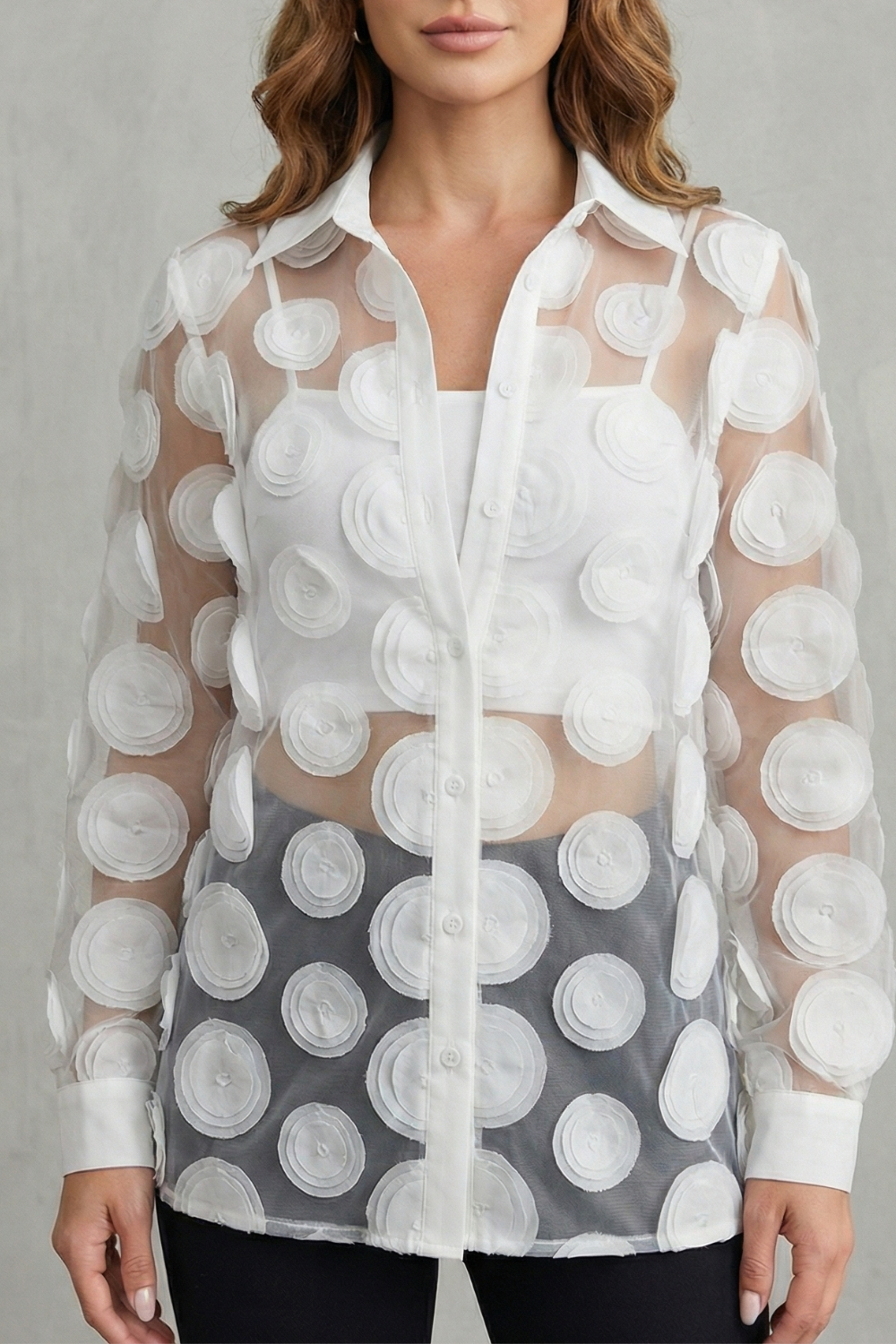 White colorway of the floral applique sheer mesh blouse, full-length view