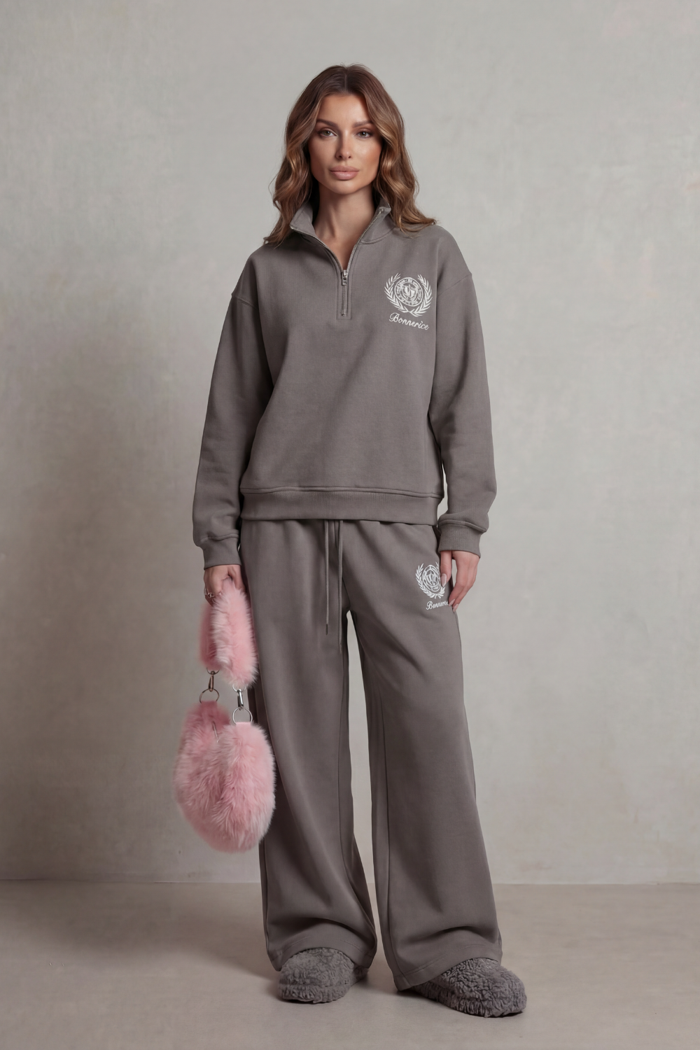 Dark Gray colorway of the embroidered sweatshirt and pants set