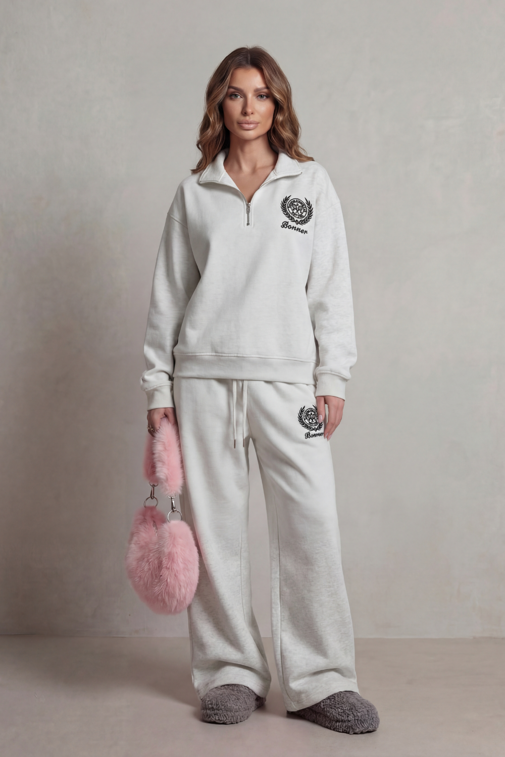 Light Yellow colorway of the half-zip sweatshirt and wide-leg pants
