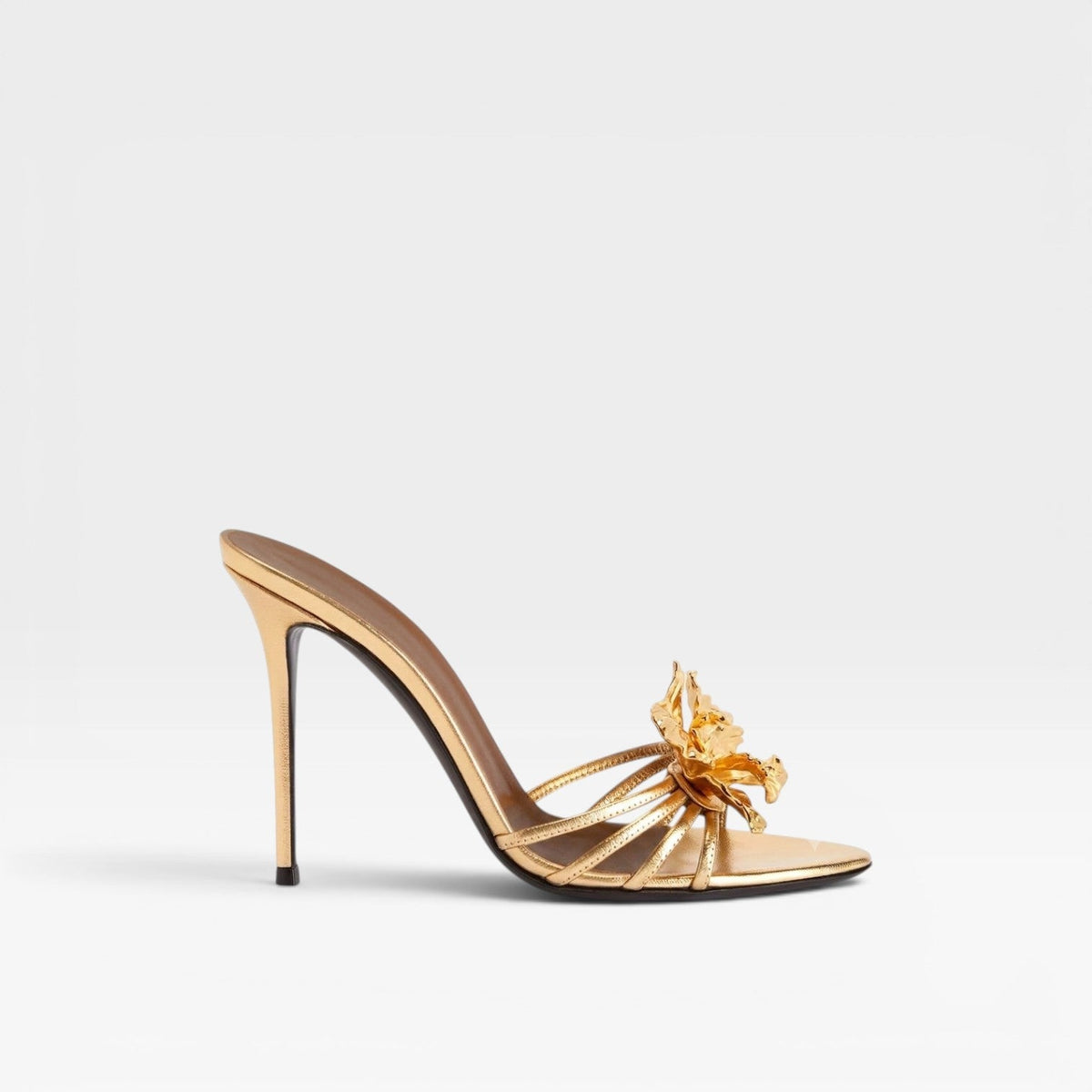 Women's Gold Flower Sculpted Stiletto Mules – Evening Heels | Elvington