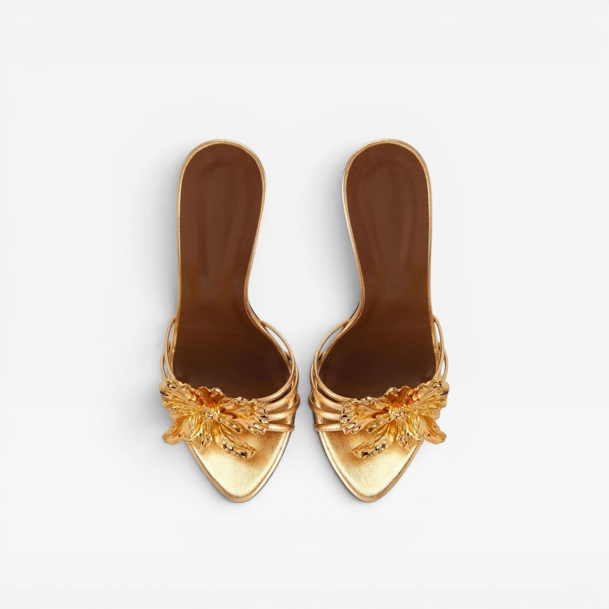 Women's Gold Flower Sculpted Stiletto Mules – Evening Heels | Elvington