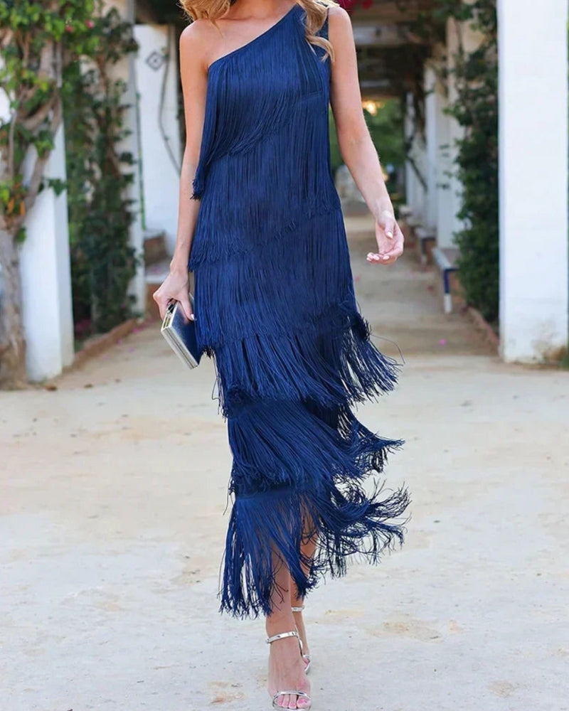 Women’s off shoulder fringe dress with flowing tassel details
