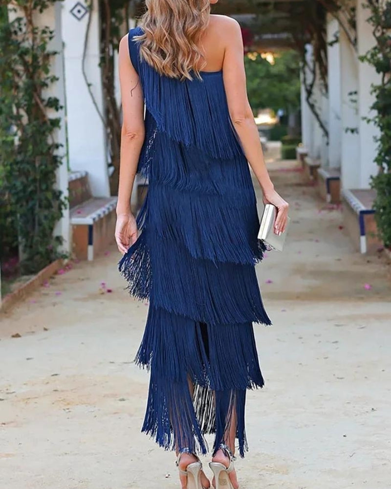 Women’s off shoulder fringe dress with flowing tassel details