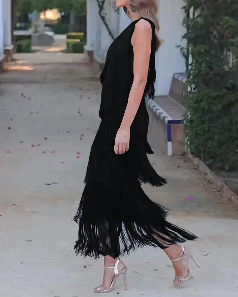 Women’s off shoulder fringe dress with flowing tassel details