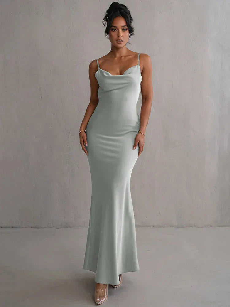 Women’s satin maxi dress with floral patchwork and flowing silhouette