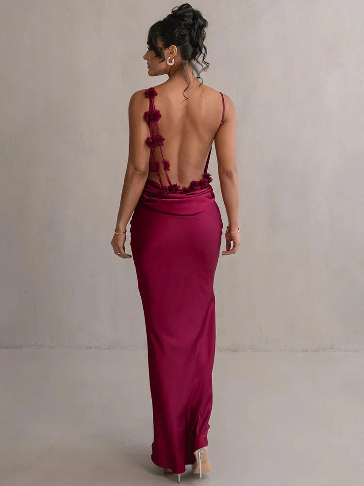 Women’s satin maxi dress with floral patchwork and flowing silhouette