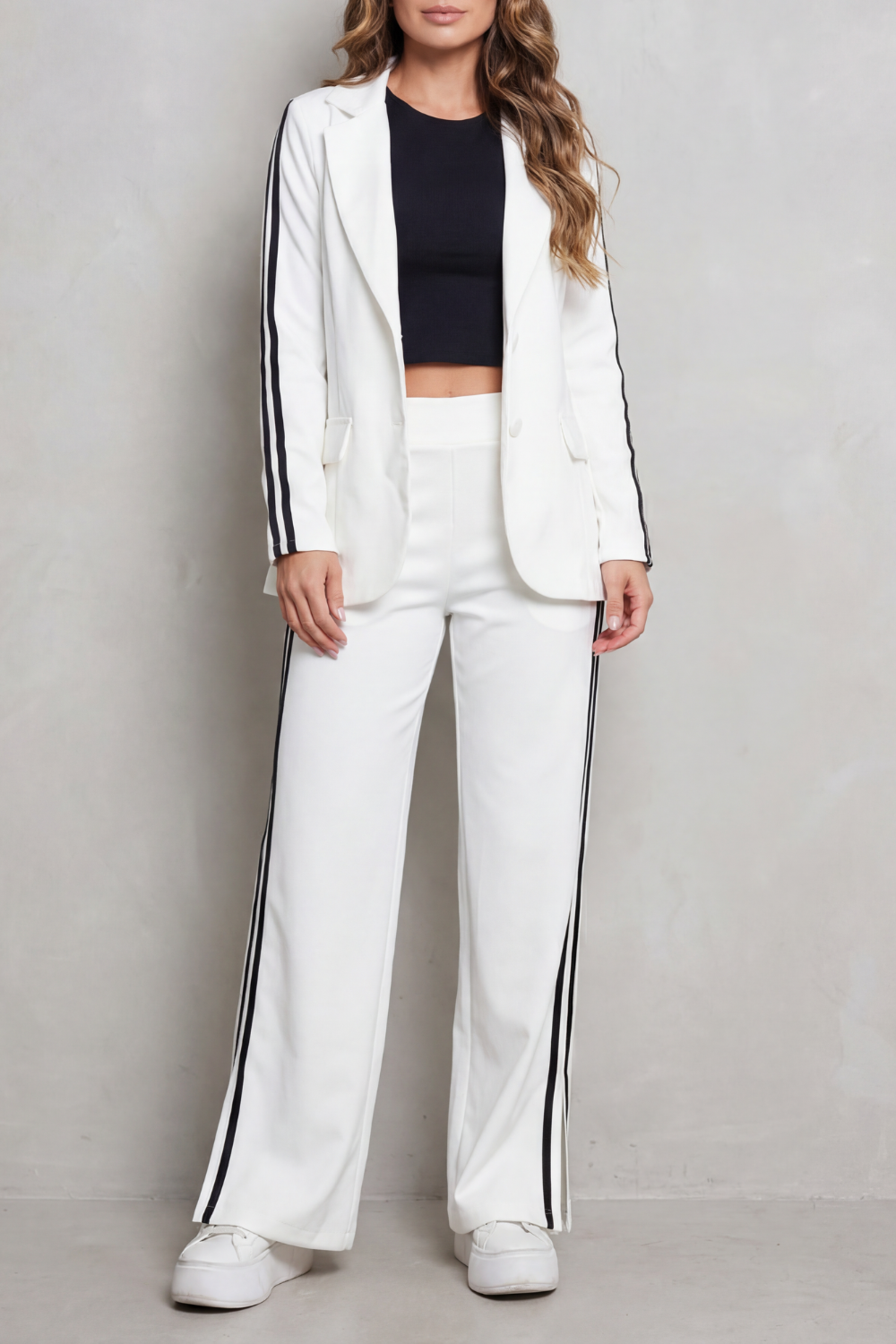 Women's double-stripe blazer and wide-leg pants suit set, front view