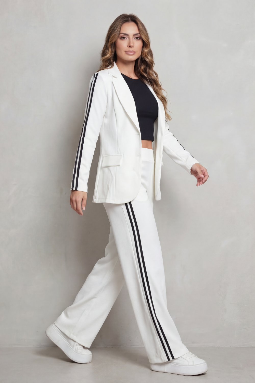 Back view of the athleisure blazer and pants two-piece set