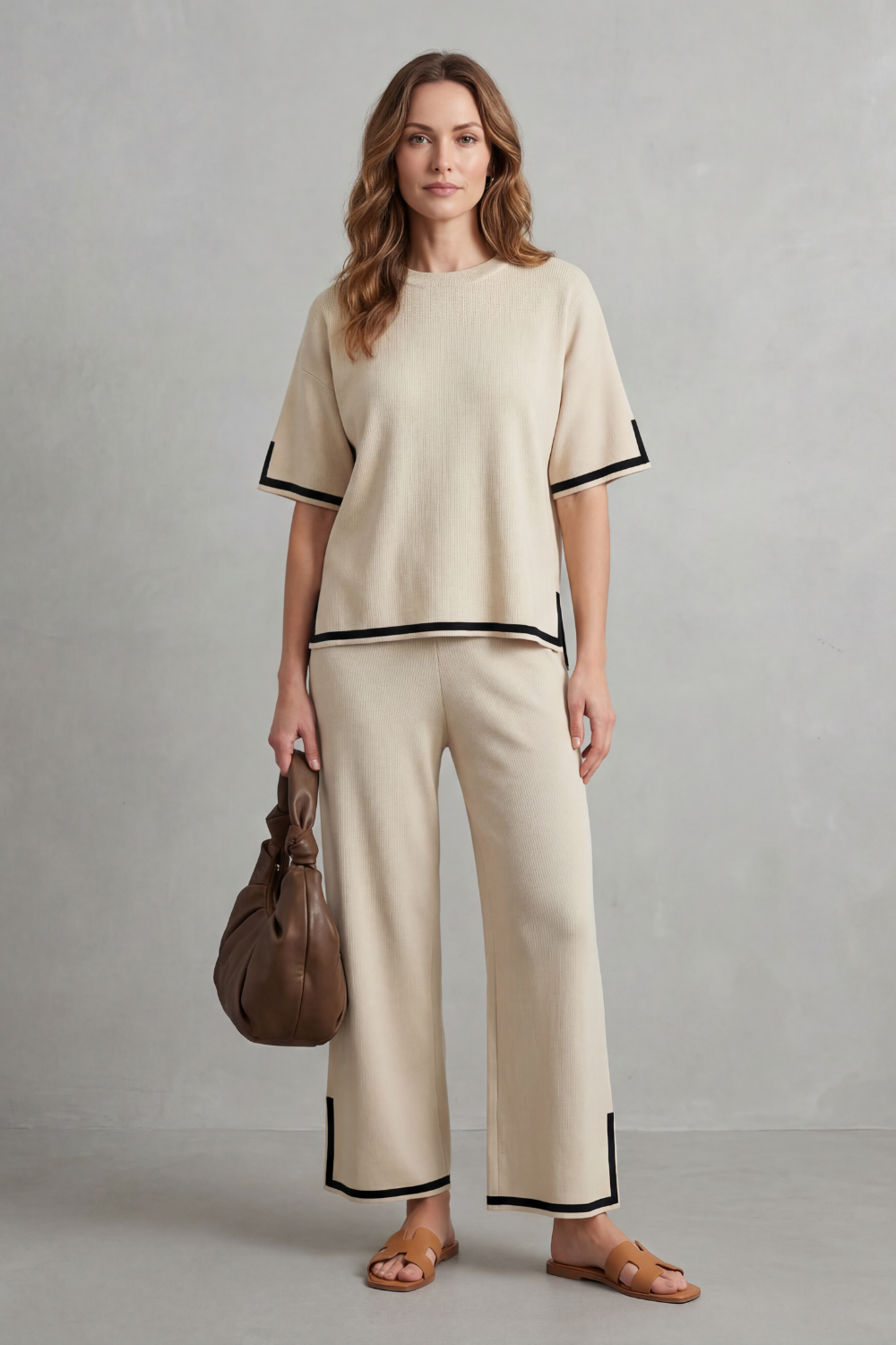 Side view of the Jeah rib-knit lounge set with contrast hem