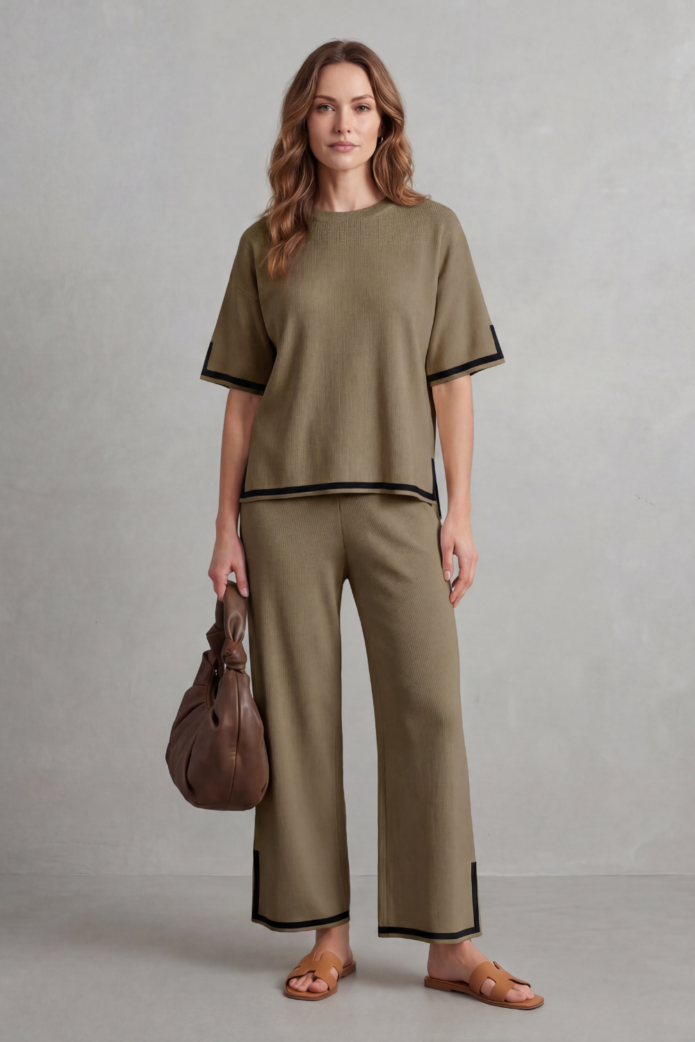 Black colorway of the rib-knit top and wide-leg pants lounge set