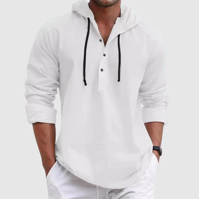 Men's cotton blend hooded shirt with drawstring in neutral color
