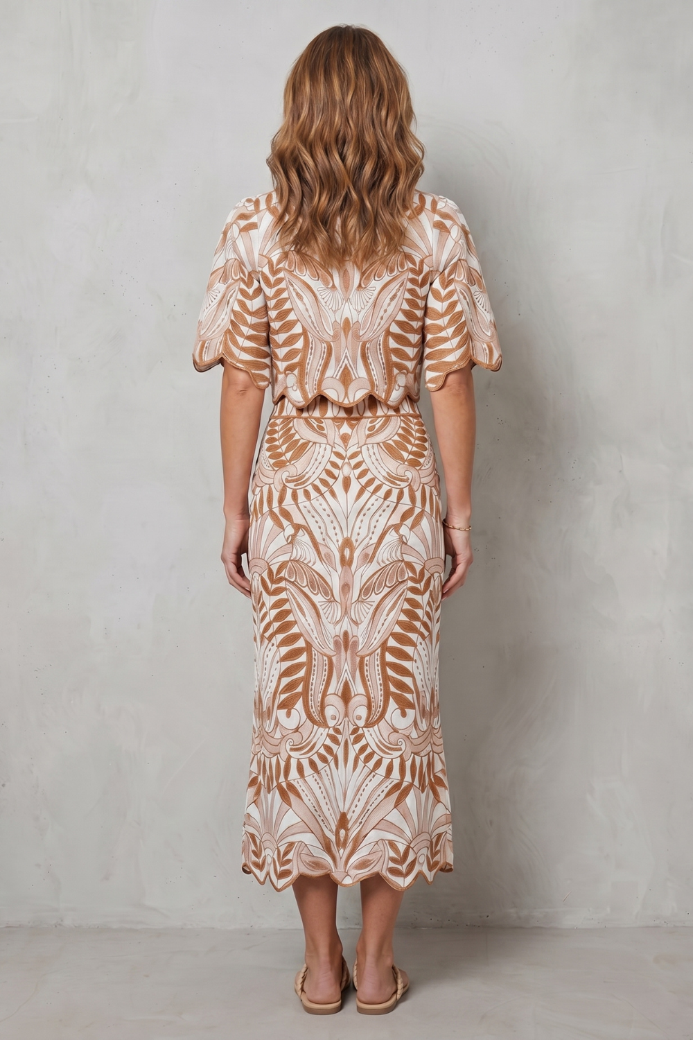 Yellow colorway of the linen top and midi skirt set, full-length view