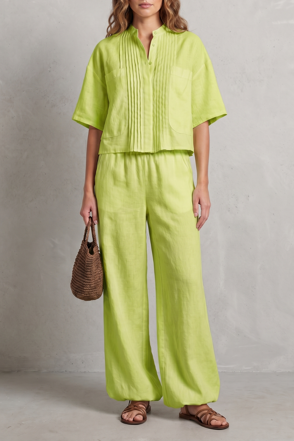 Women's pleated wide-leg pants and short-sleeve shirt set, front view