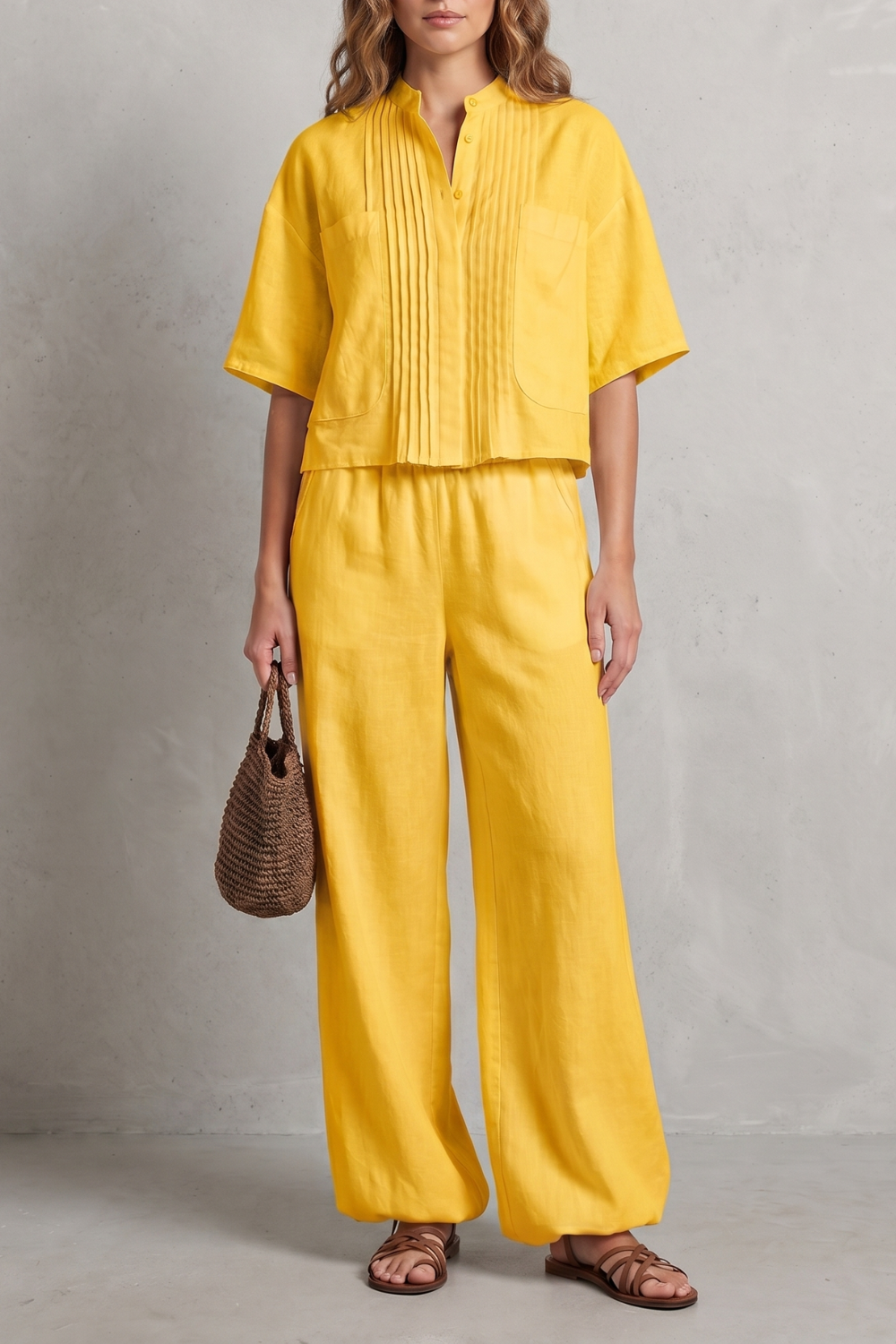 Light Blue colorway of the pleated wide-leg pants set, full-length view