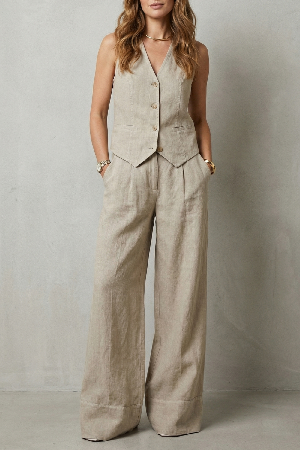 Women's sleeveless tailored vest and wide-leg pants set, front view