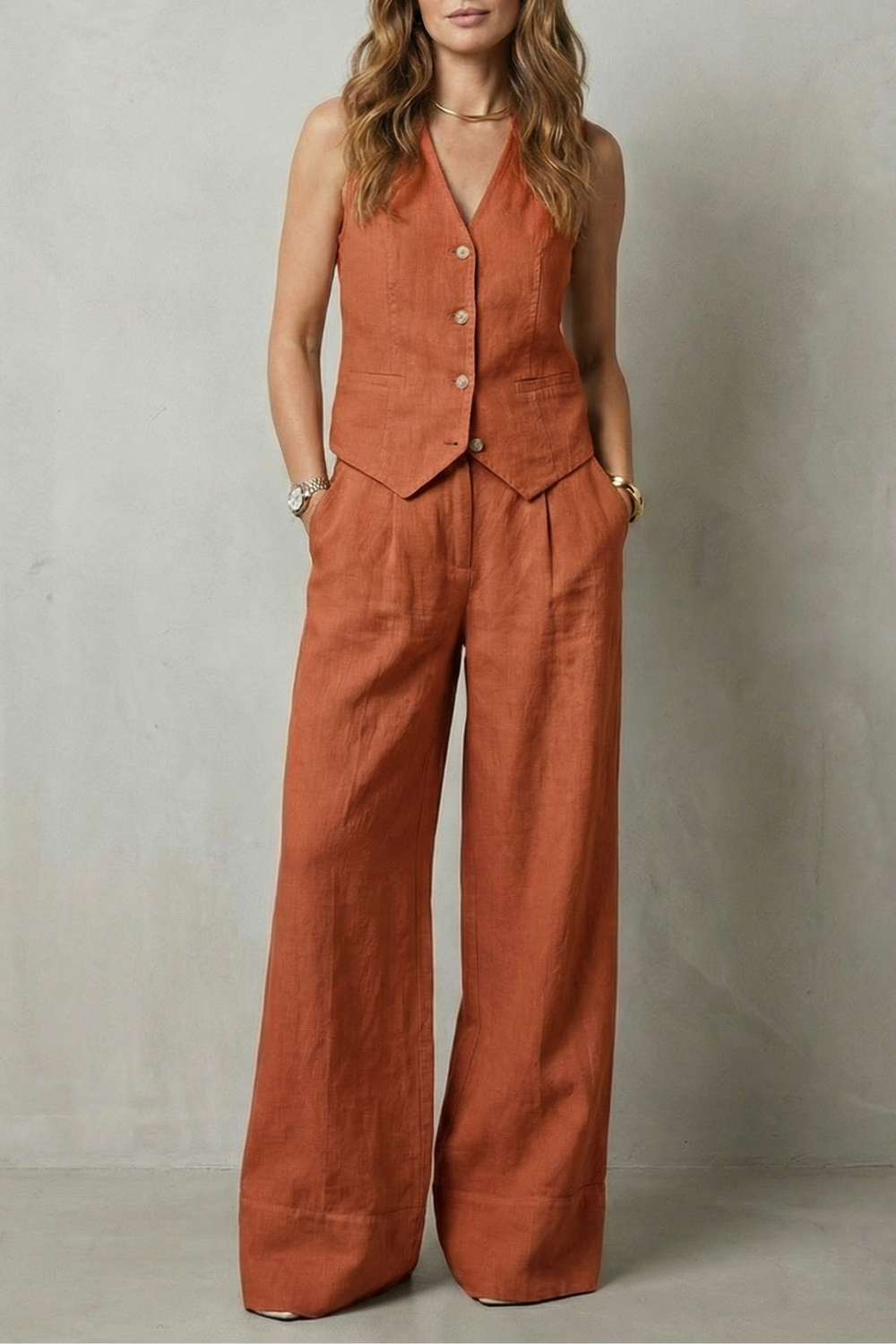 Seated pose showing the relaxed fit of the wide-leg pants