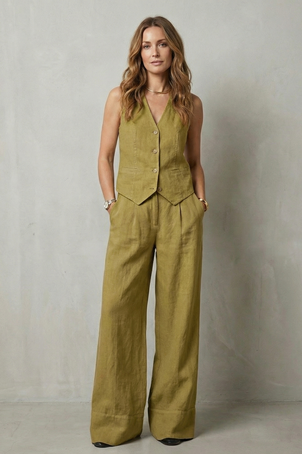 Olive colorway of the vest and wide-leg pants set, full-length view