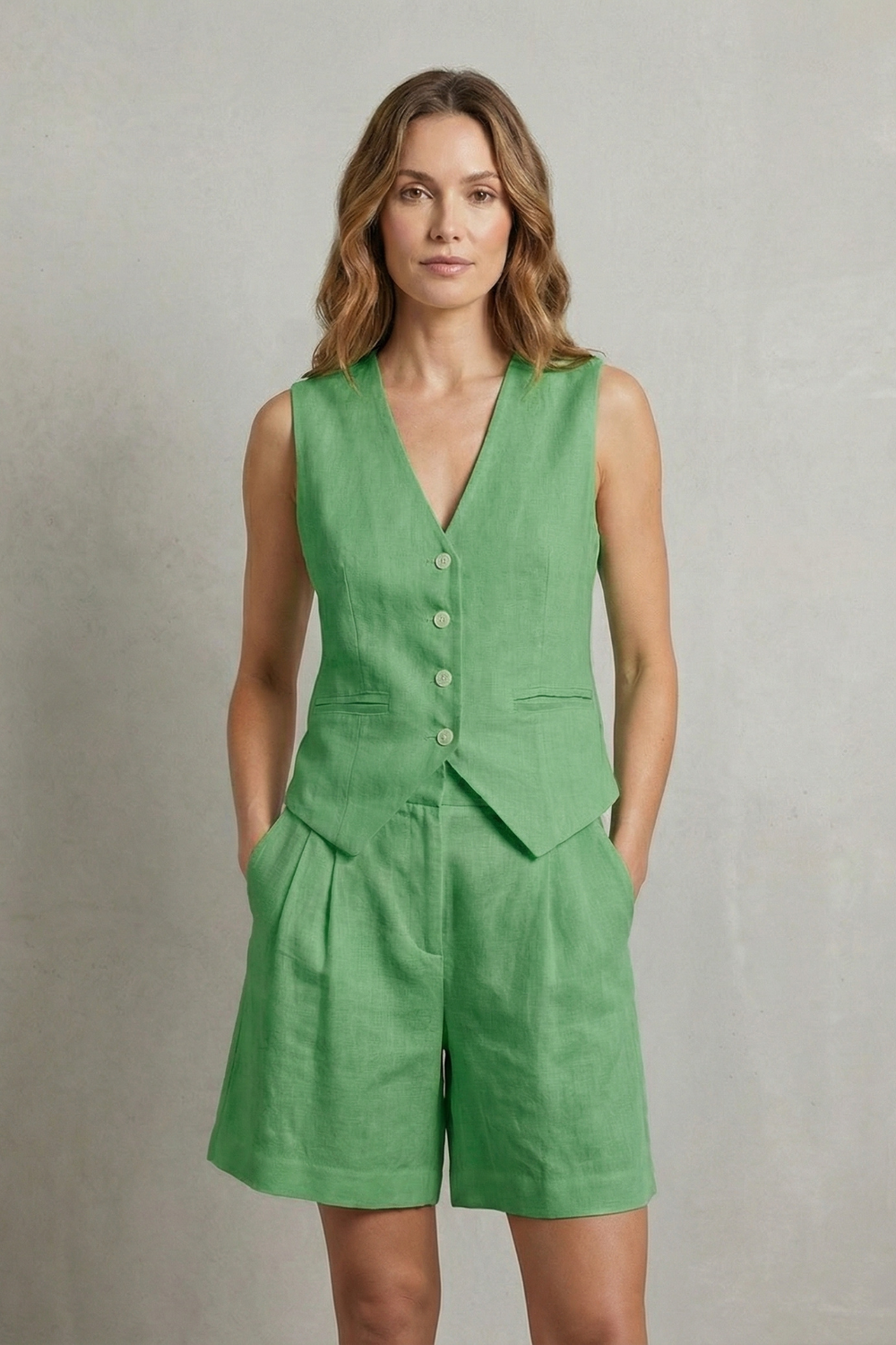 Vest and shorts set styled with sandals and a woven bag for summer