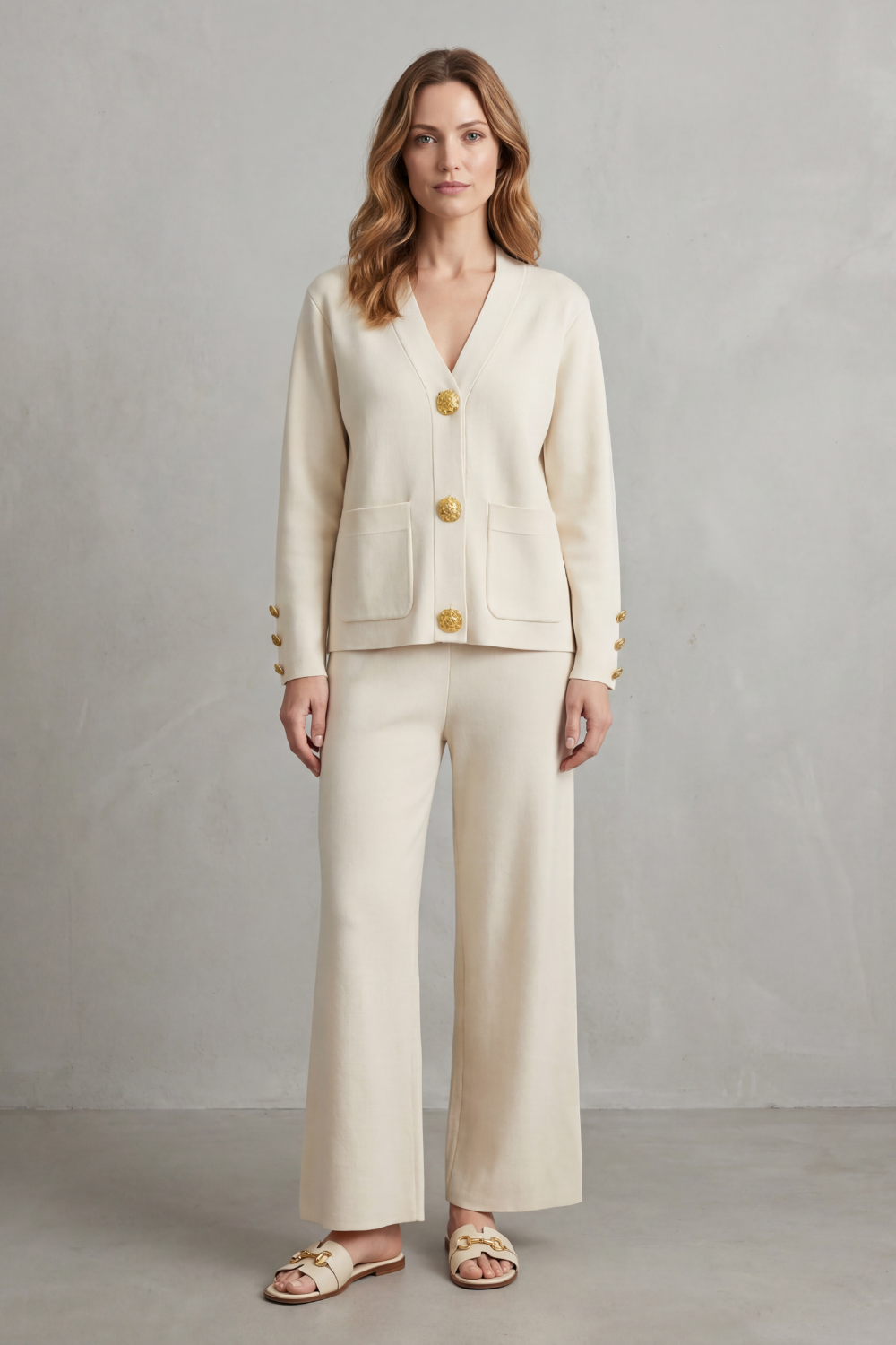 Side view of the gold button top and wide-leg pants lounge set