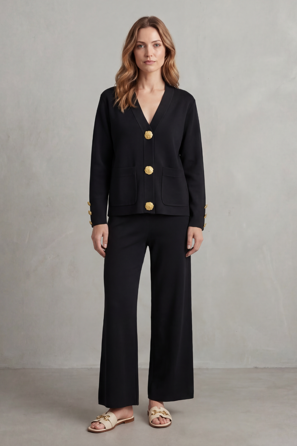 Khaki colorway of the gold button top and wide-leg pants