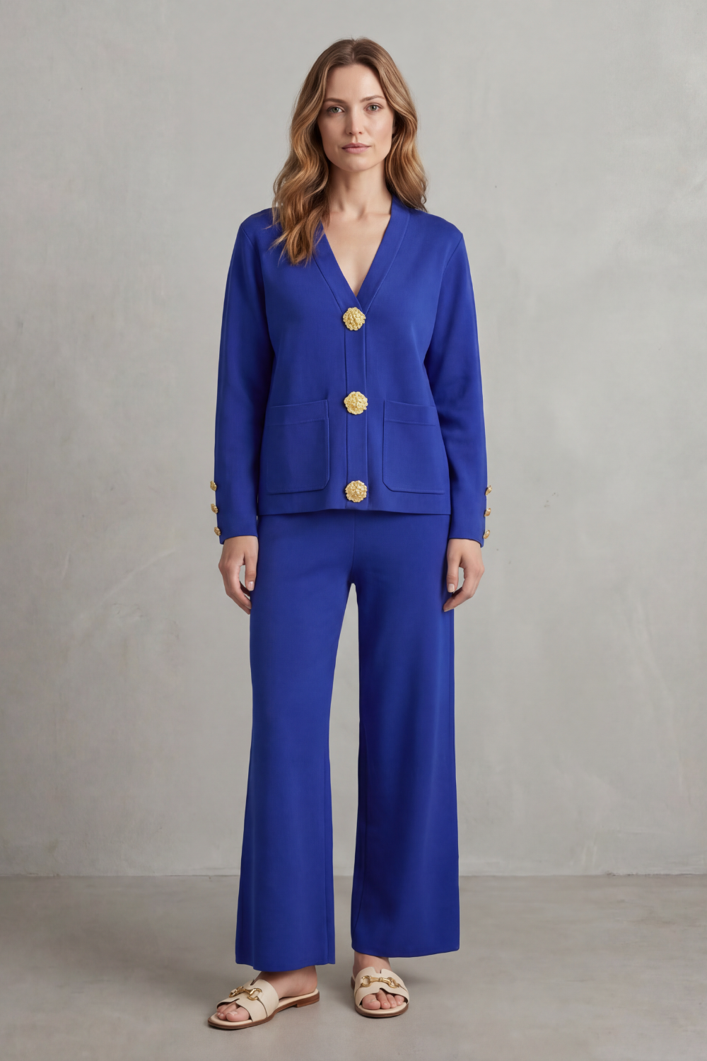 Blue colorway of the V-neck top and wide-leg pants lounge set